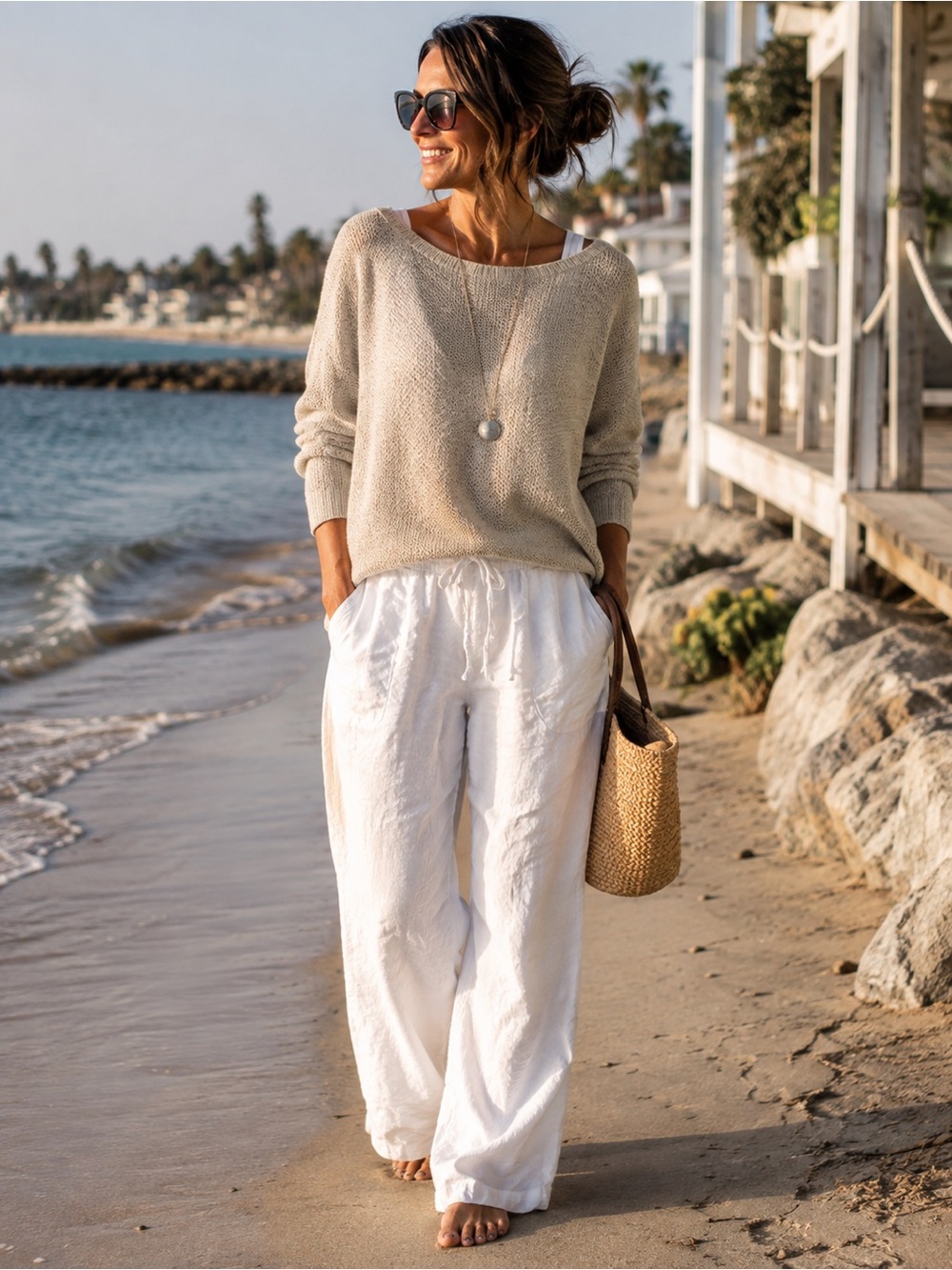 Chico's White Wide-Leg Linen-Blend Pants with Drawstring